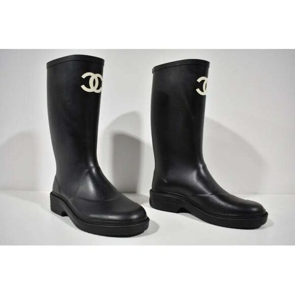 Chanel 22A Black White Caoutchouc CC Logo High Pull On Rubber Rain Boots 42 - Picture 4 of 12